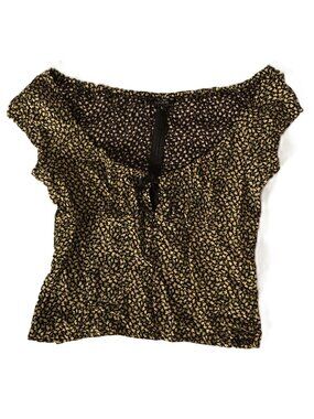 Kookai Vintage Early 2000s Black Yellow Floral Short Sleeve Blouse Top Size L